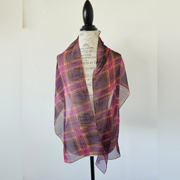 Accessory Street Purple Yellow Plaid Sheer Long Neck Scarf - Picture 2 of 4